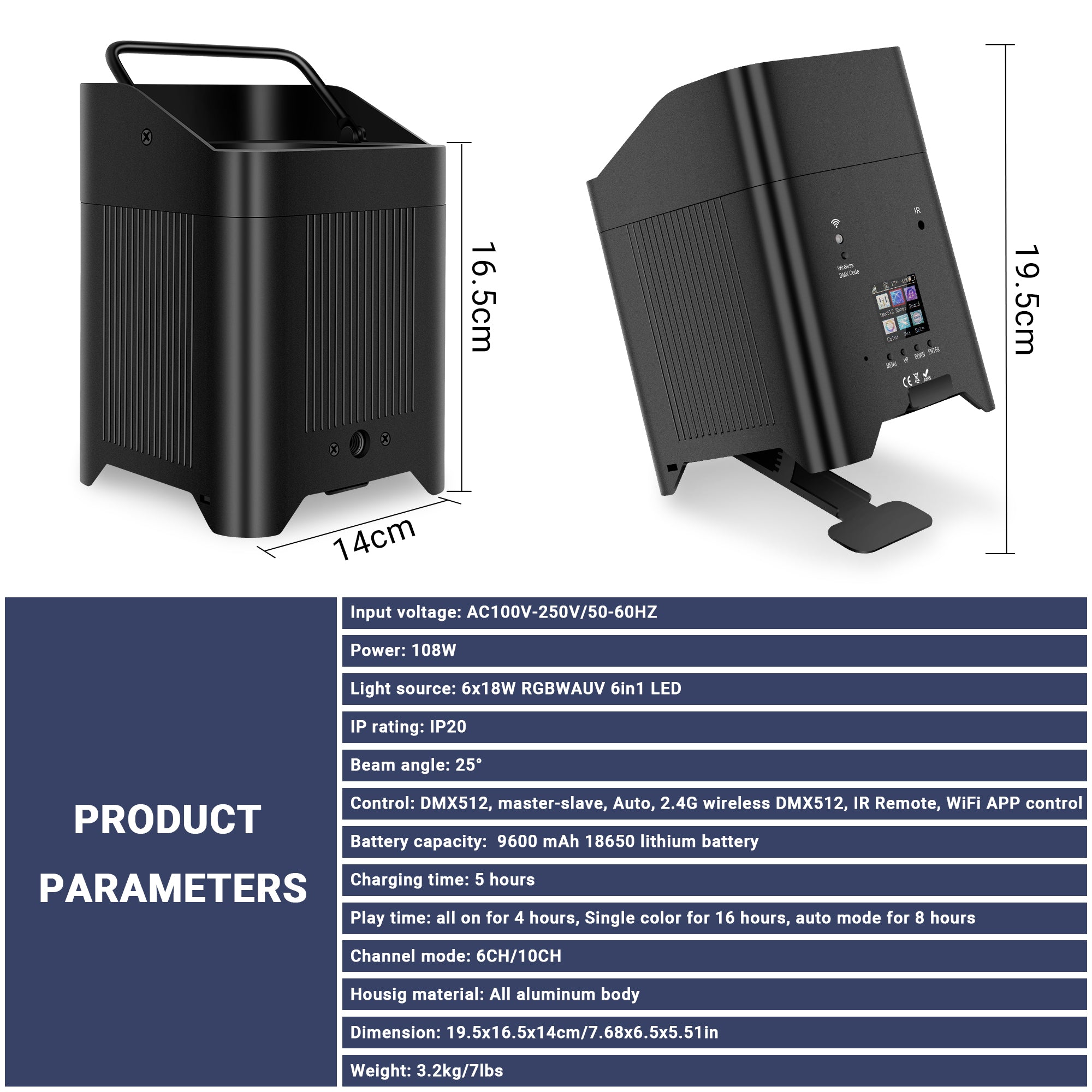 108W Battery Powered RGBWA+UV LED PAR Light