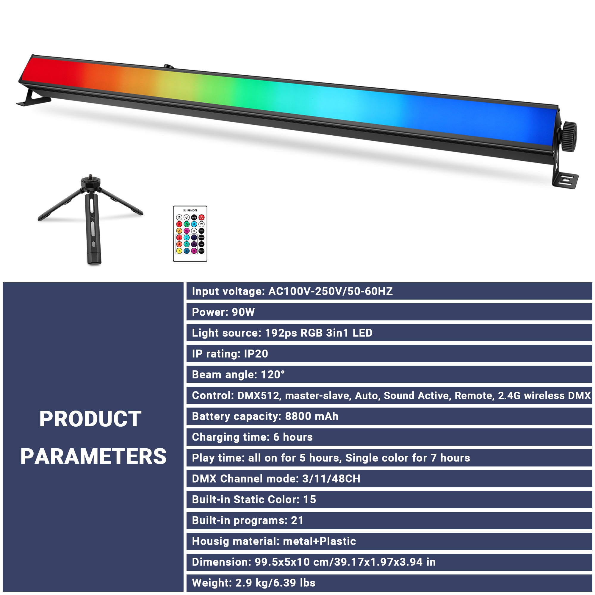 90W Battery Powered RGB LED Pixel Bar