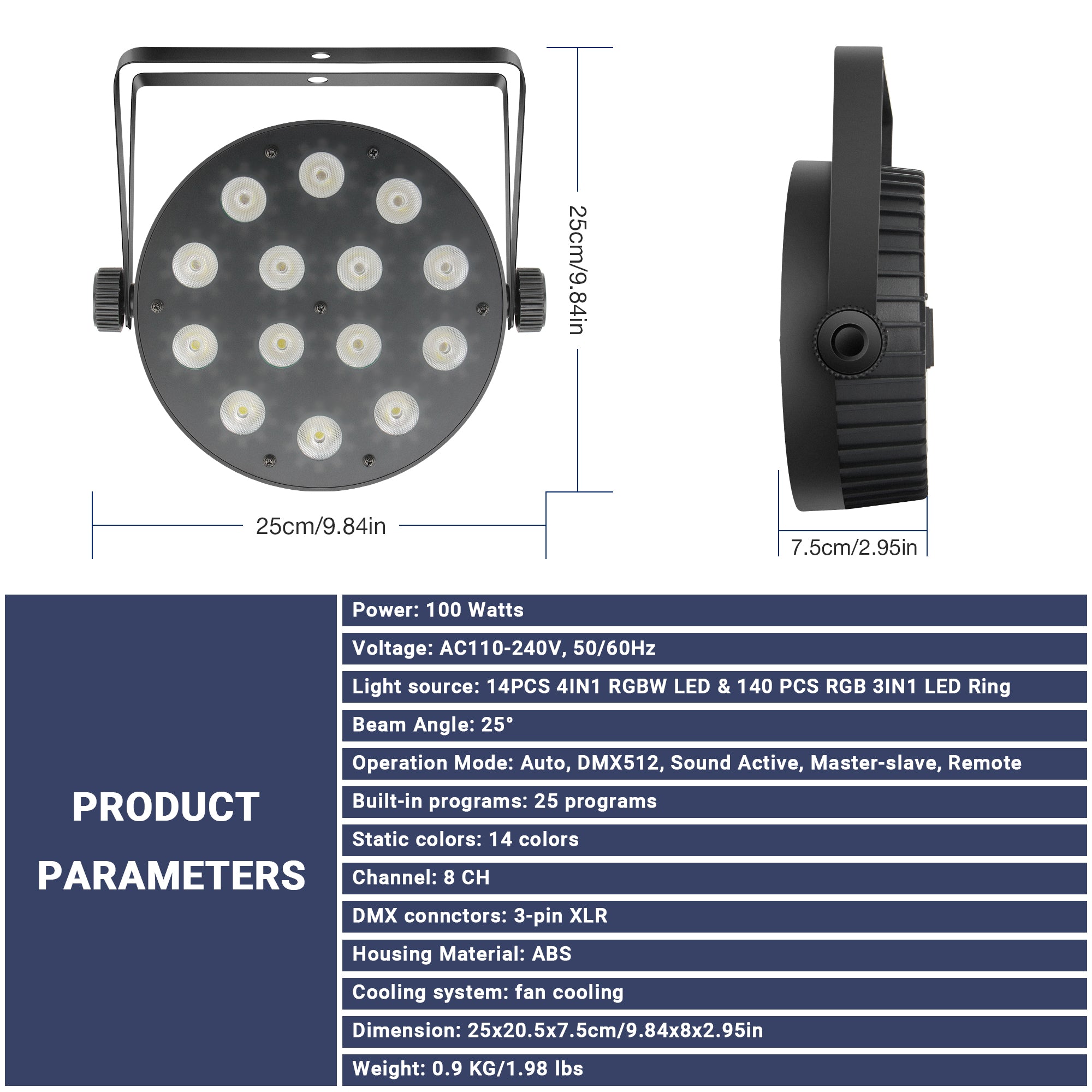 YeeSite Stage Light 100W RGBW LED PAR Lights with RGB Halo Rings