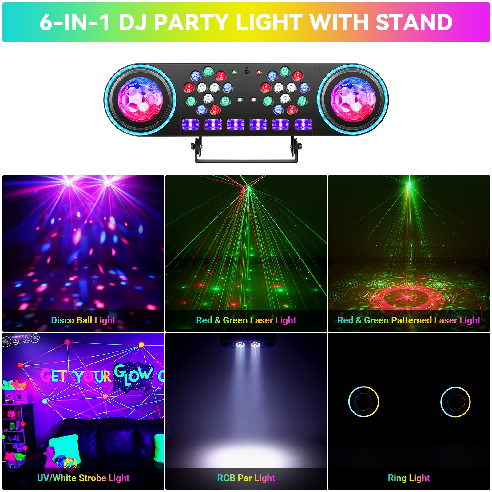 YeeSite Stage Light 120W 6-in-1 Disco Ball DJ Party Light with Tripod Stand