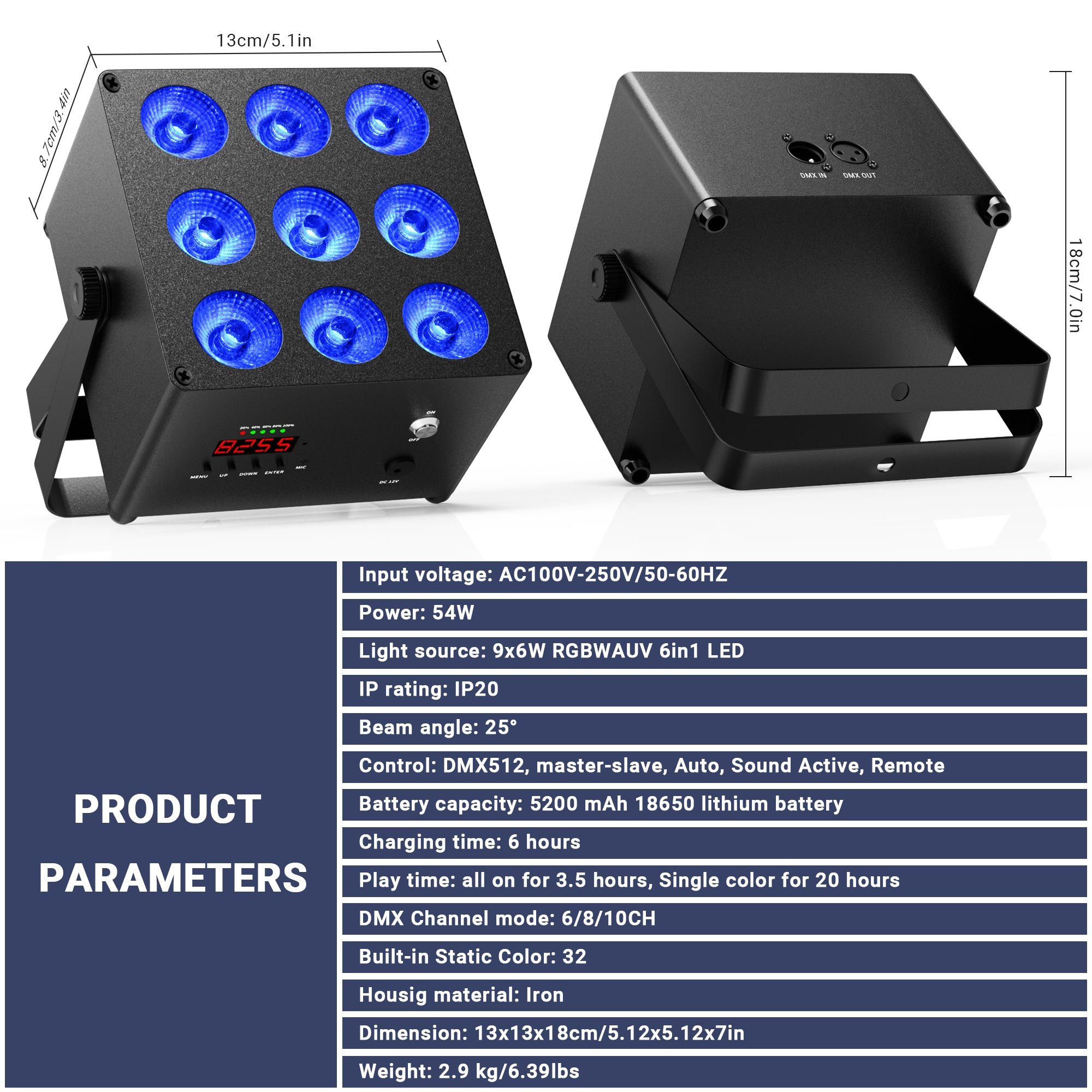 YeeSite Stage Light 54W RGBWA+UV LED Battery PAR Light