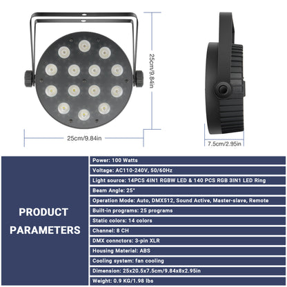 YeeSite Stage Light 100W RGBW LED PAR Lights with RGB Halo Rings