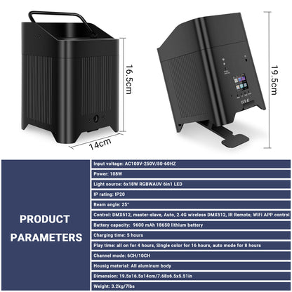 YeeSite Stage Light 108W Battery Powered RGBWA+UV LED PAR Light