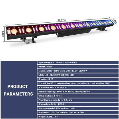 YeeSite Stage Light 150W Battery Powered Wireless DMX LED Wall Washer Light Bar