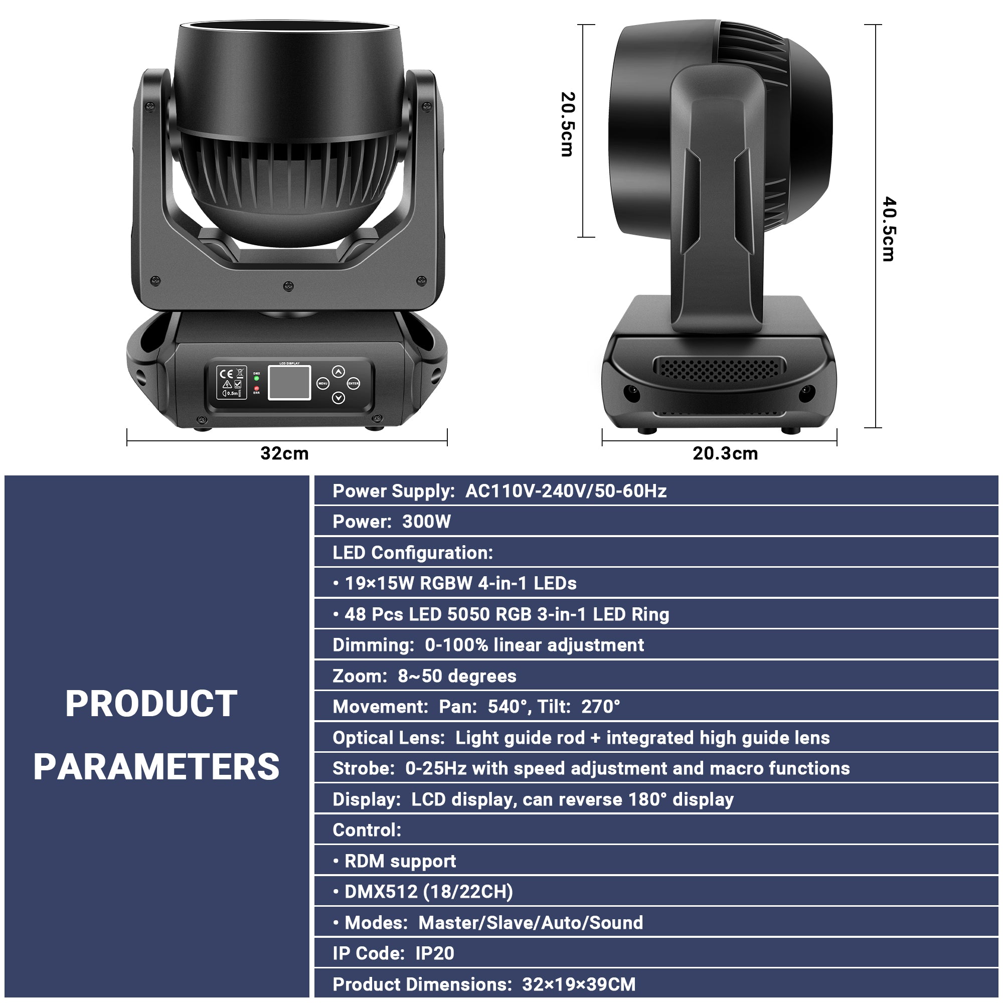YeeSite Stage Light 260W 19×15W RGBW LED Zoom Moving Head Light