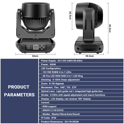 YeeSite Stage Light 260W 19×15W RGBW LED Zoom Moving Head Light