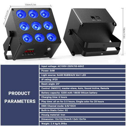 YeeSite Stage Light 54W RGBWA+UV LED Battery PAR Light