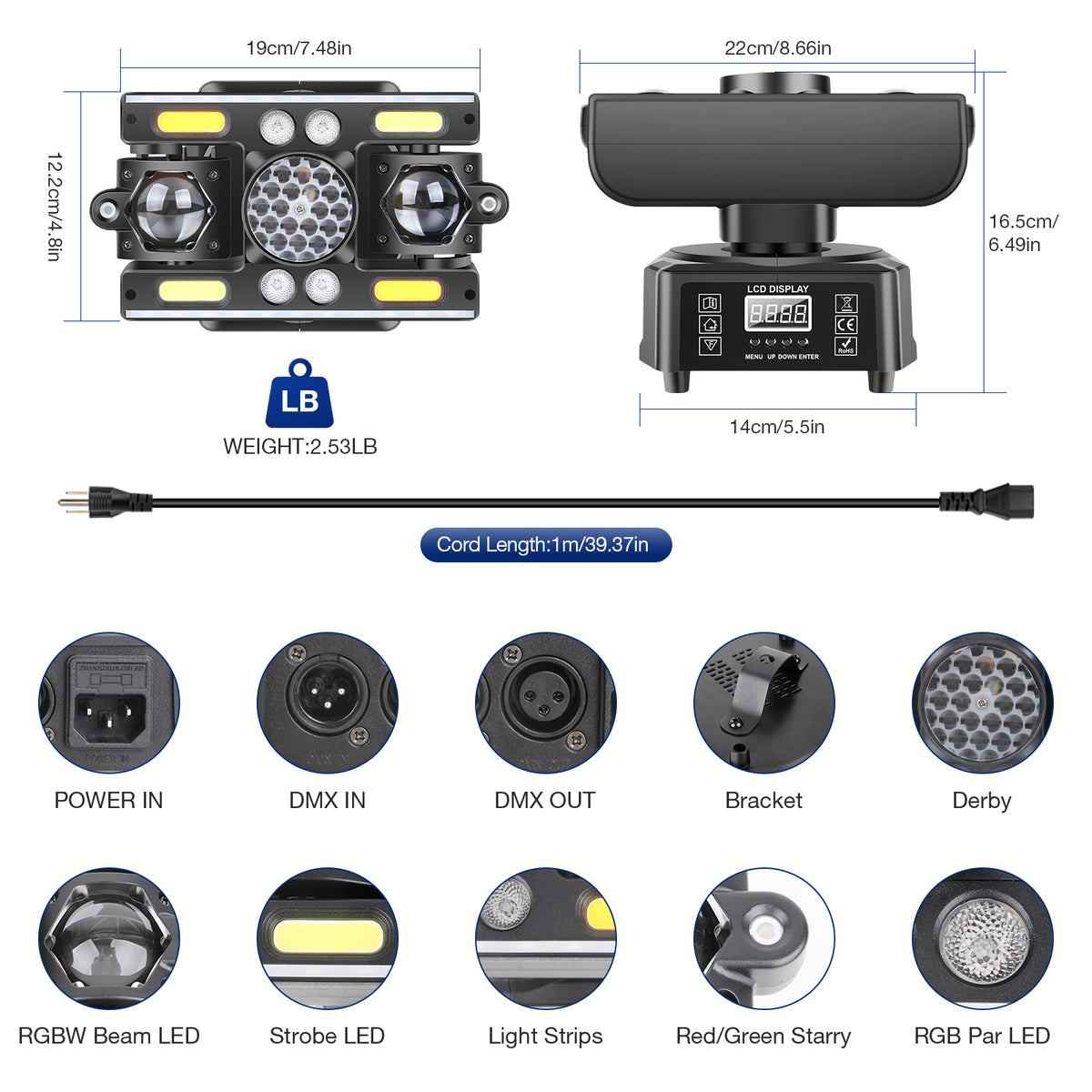 YeeSite Stage Light 60W RGBW LED 6-in-1 Derby Moving Head DJ Light