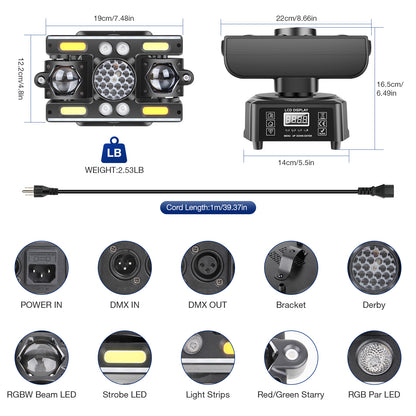 YeeSite Stage Light 60W RGBW LED 6-in-1 Derby Moving Head DJ Light